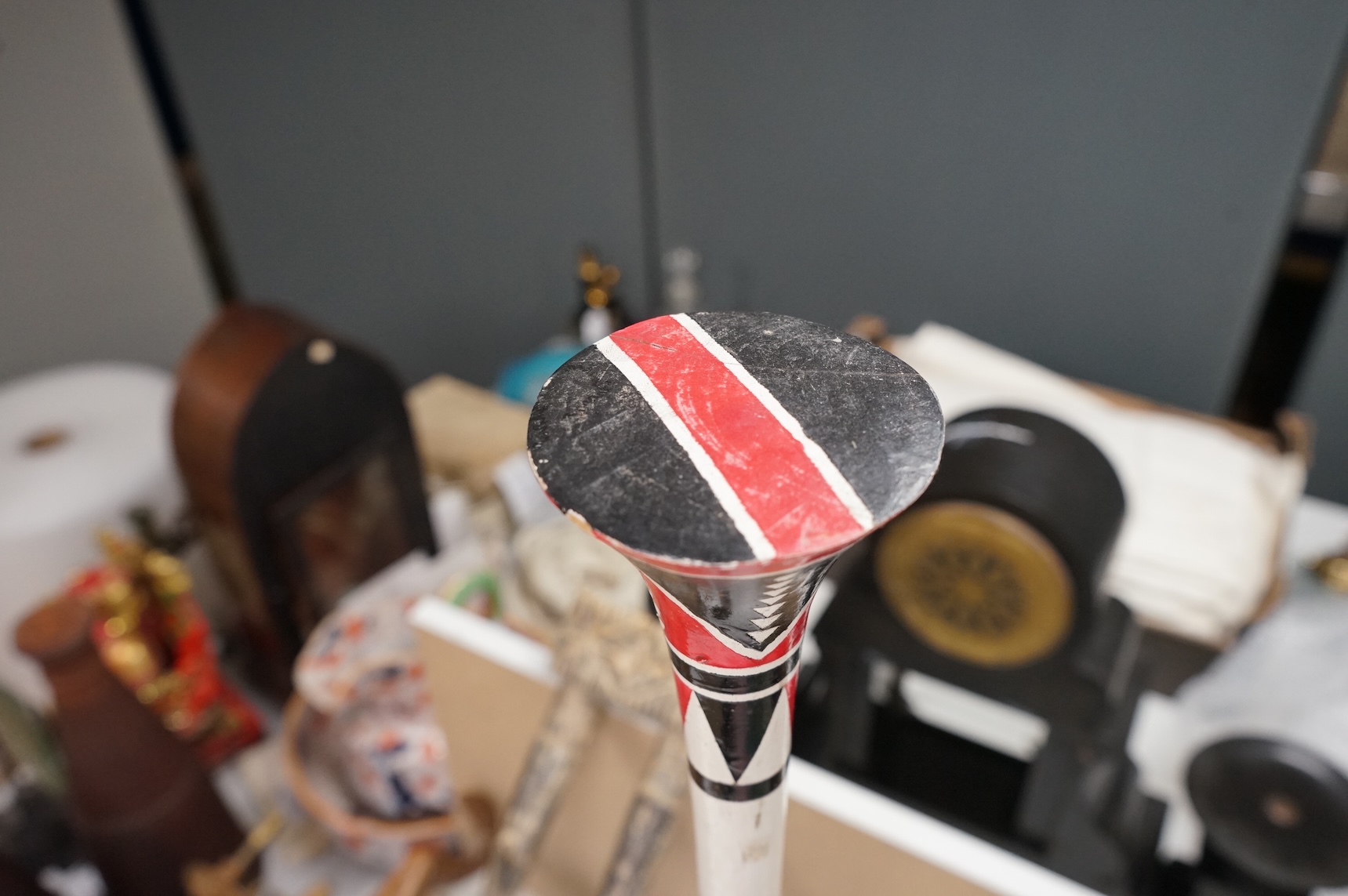 A Zulu painted wood fighting stick, a Nigerian twin group and a headrest (3)